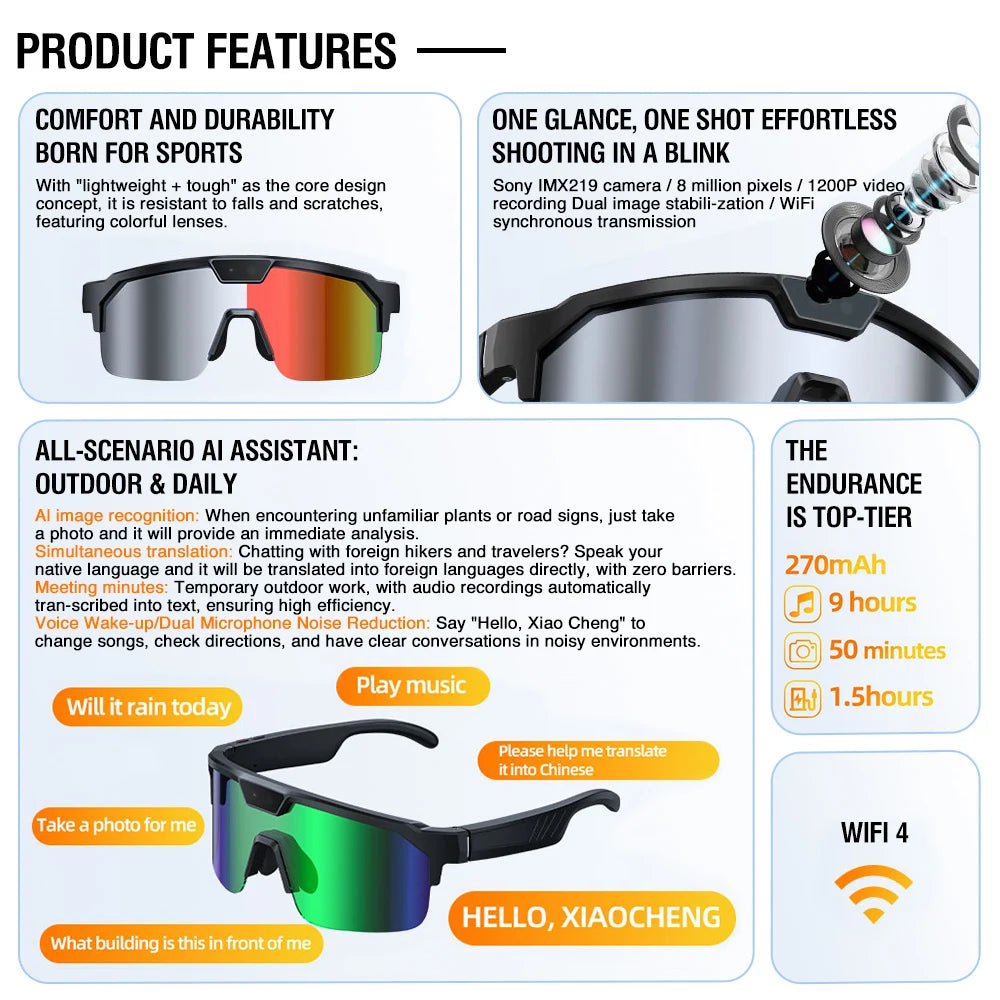 Zeblaze 800W Pixel Camera Smart Glasses Men 1280P Video Recording AI